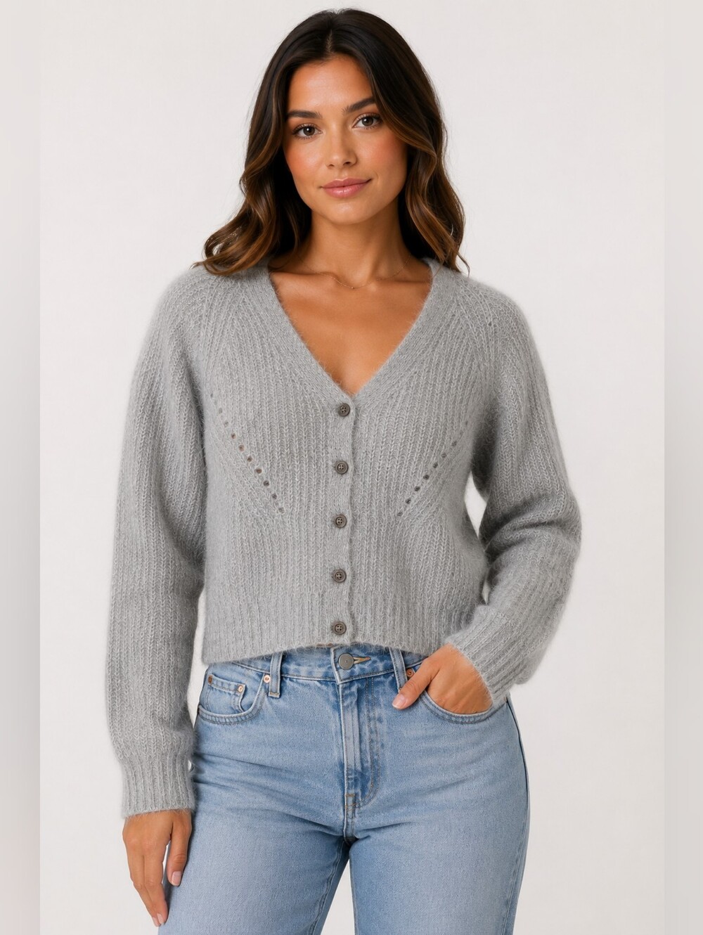 Aymara Baby Alpaca Cardigan Sweater Gray V-Neck Button Front Oversized Peru